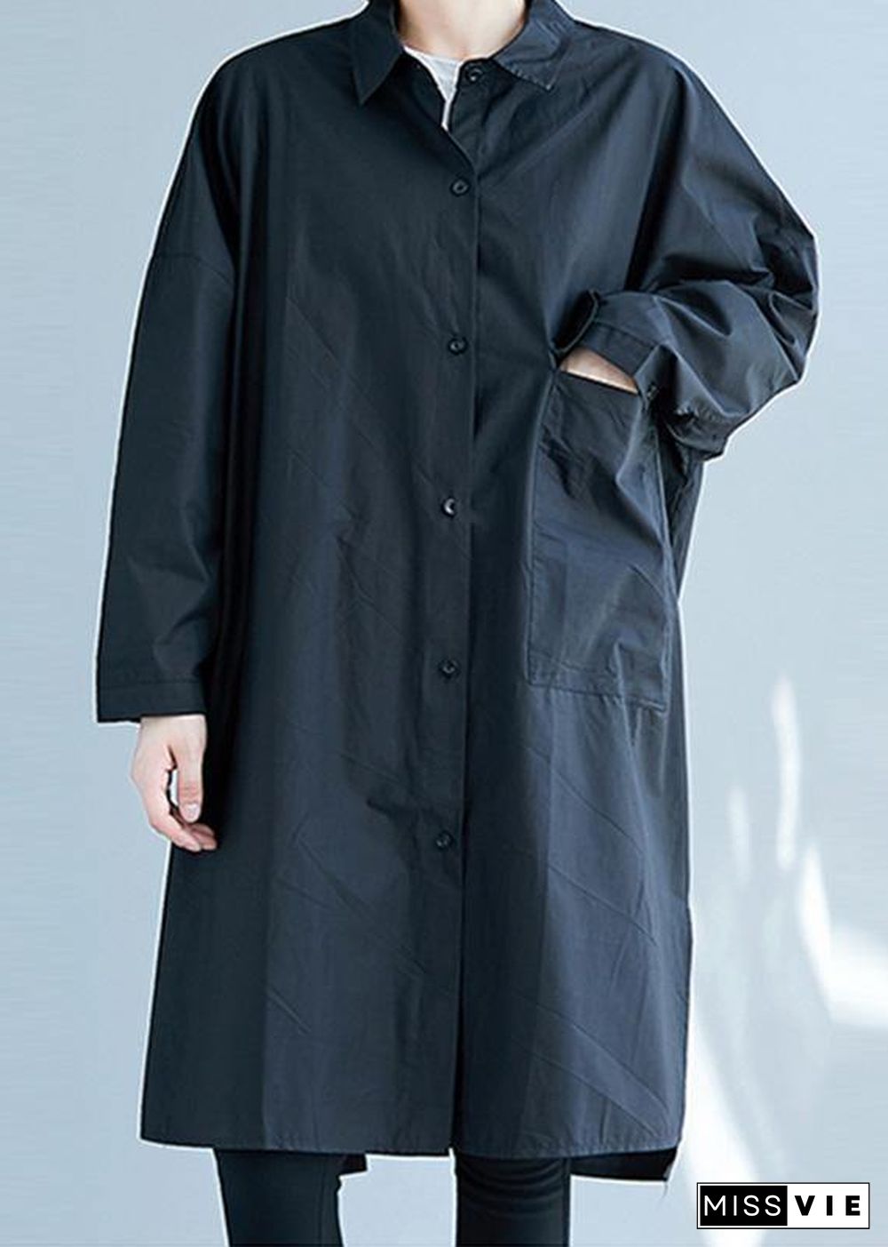 French black Cotton clothes side open Knee fall shirt Dress