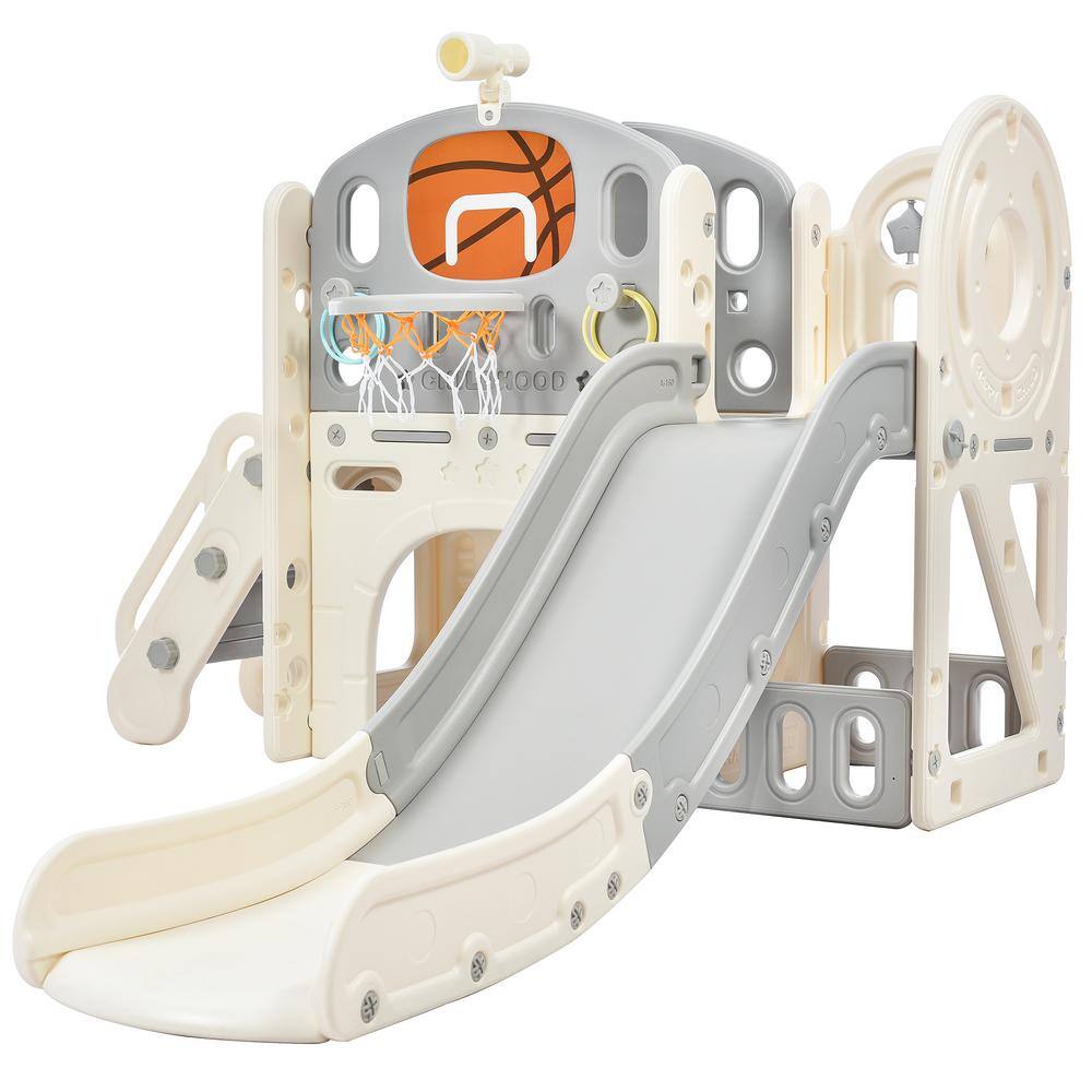 Tatayosi Gray Kids Slide Playset Structure with Slide Arch Tunnel Ring Toss and Basketball Hoop Toy Storage Organizer P-PP300683AAE