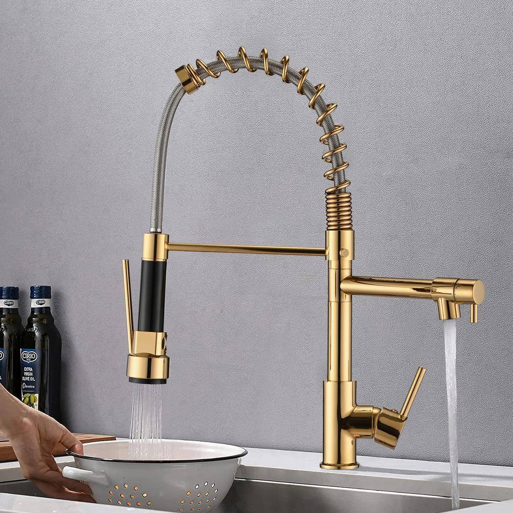 PROOX Single Handle Deck Mount Spring Pull Down Sprayer Kitchen Faucet with Pot Filler in Polished Gold PR22AARX291PG