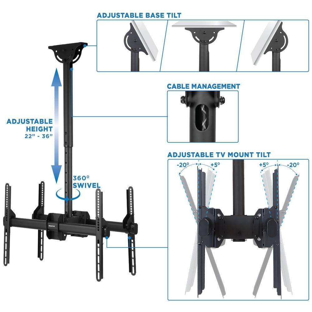 Mount-It 37 in. - 70 in. Dual Full Motion TV Ceiling Mount with 20-Degree Tilt 198 lbs. Load Capacity MI-510