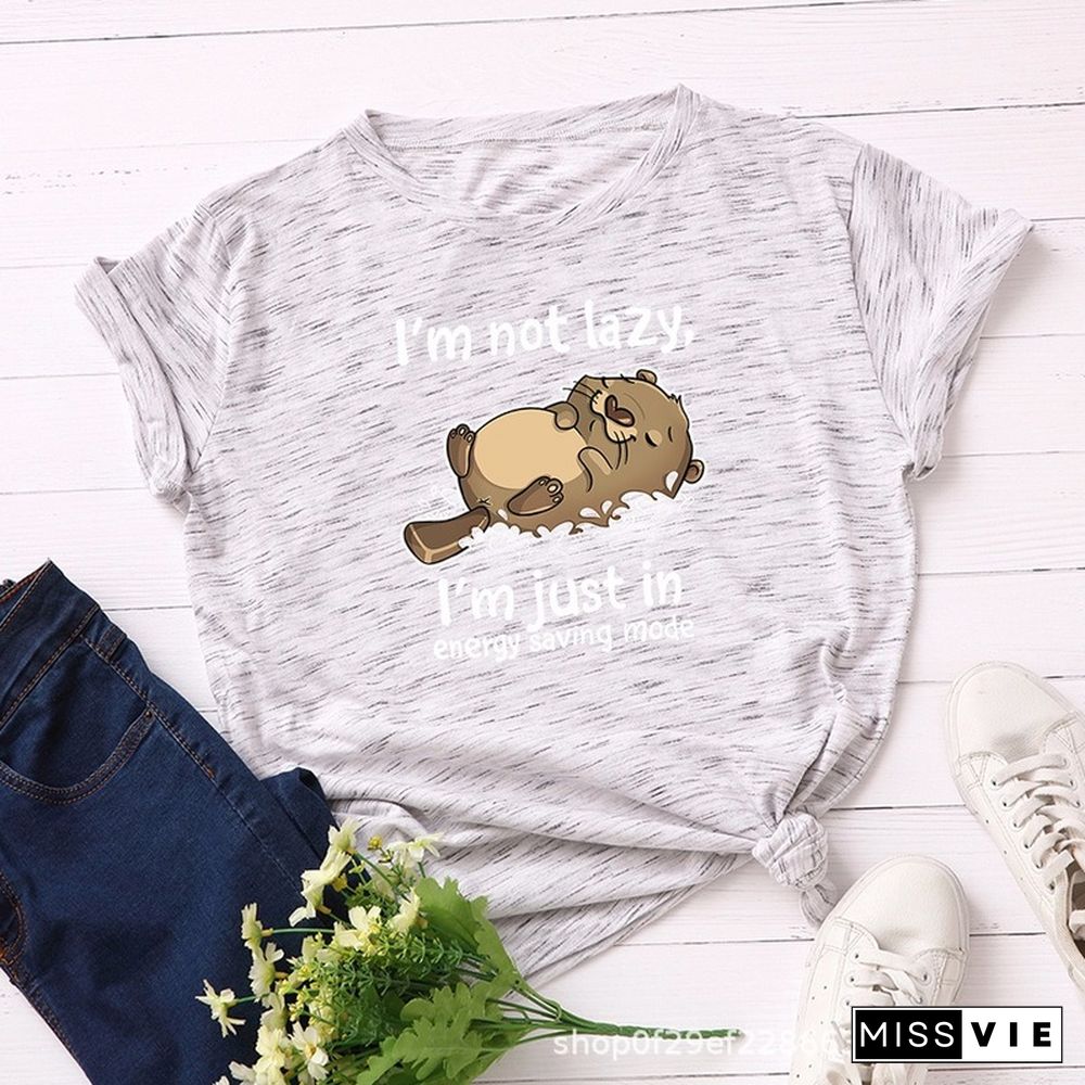 Women T Shirt Summer Cotton Versatile 5XL Short Sleeve Cute Cartoon Lazy Animal Letter Print Casual O Neck Female Tshirt Tee Top