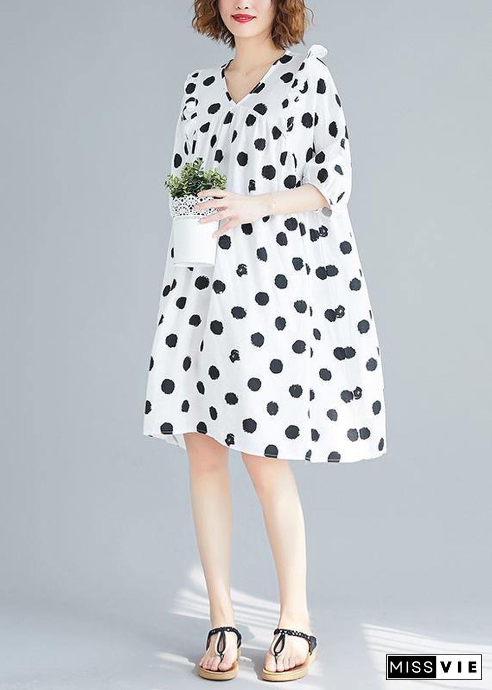 French v neck Cinched Tunics Shirts white dotted Dress summer