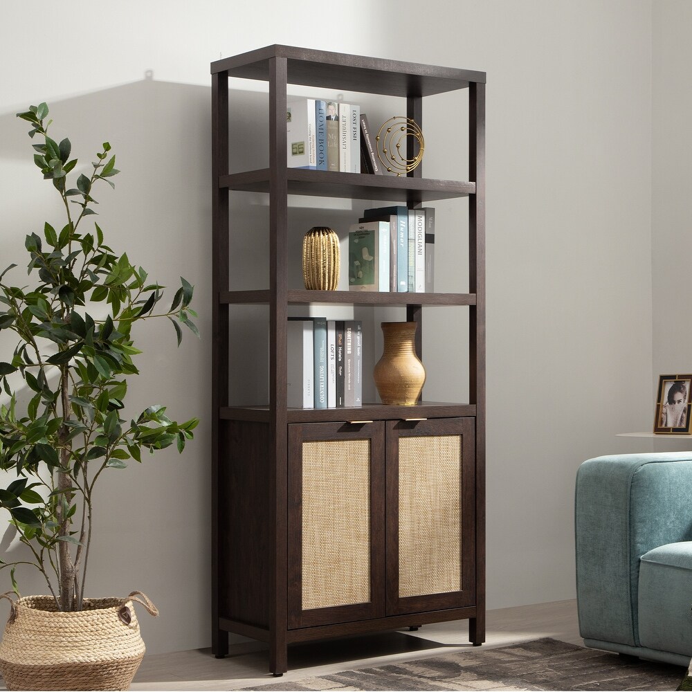 SICOTAS 5 Tier Adjustable Bookshelf with Rattan Storage Cabinet