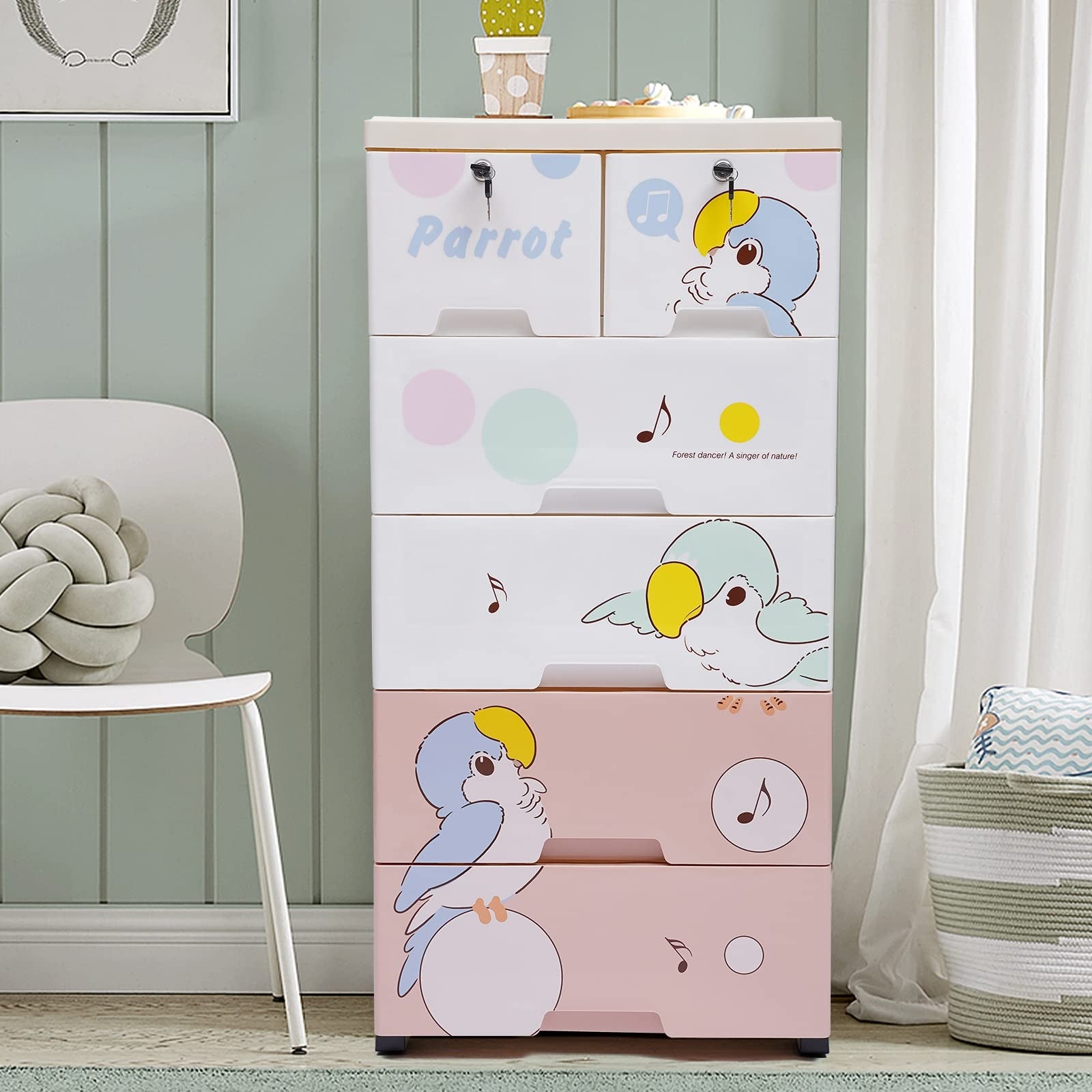 Plastic Drawers Dresser with Parrot Pattern， Storage Cabinet with 6 Drawers， Closet Drawers Tall Dresser Organizer for Clothes - - 37668338