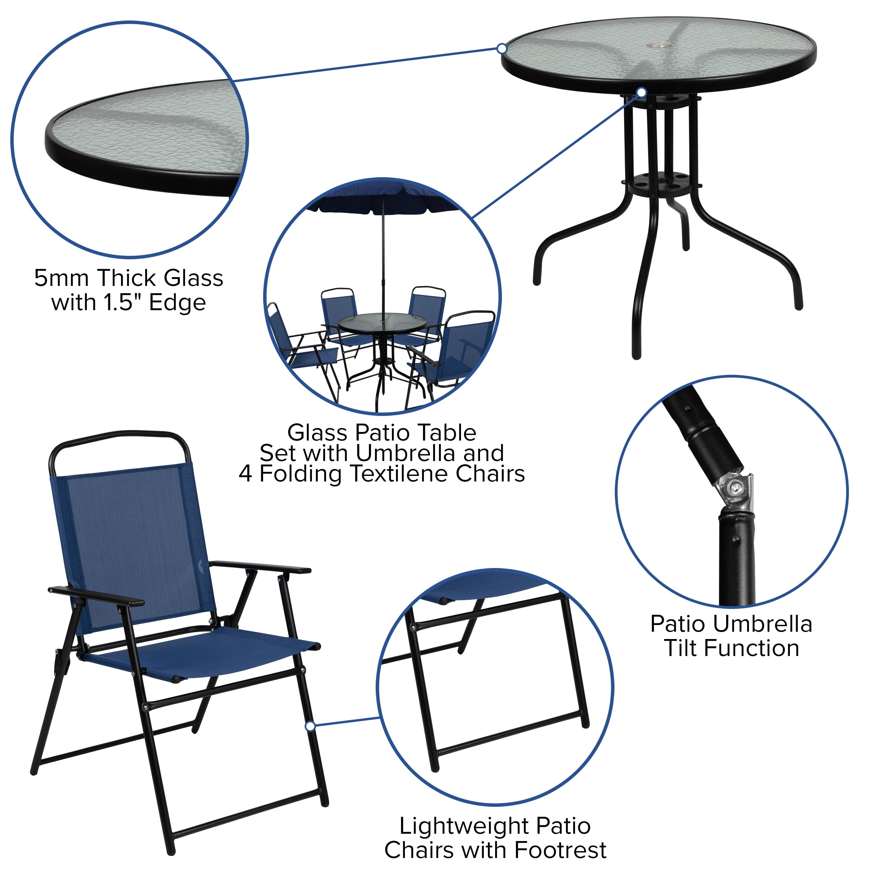 Flash Furniture Nantucket 6 Piece Navy Patio Garden Set with Umbrella Table and Set of 4 Folding Chairs