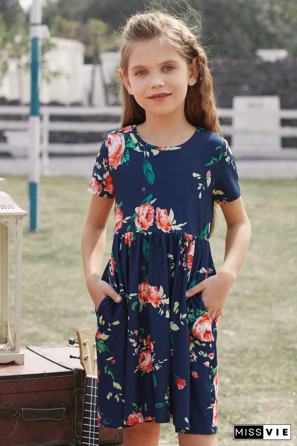 Blue Short Sleeve Pocketed Children's Floral Dress