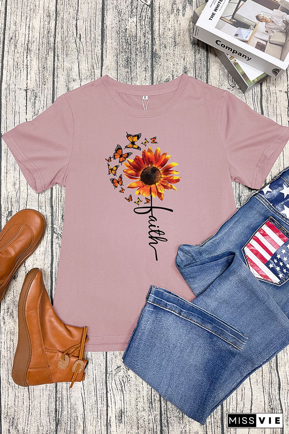 Sunflower and Butterflies Short Sleeve Graphic Tee Wholesale