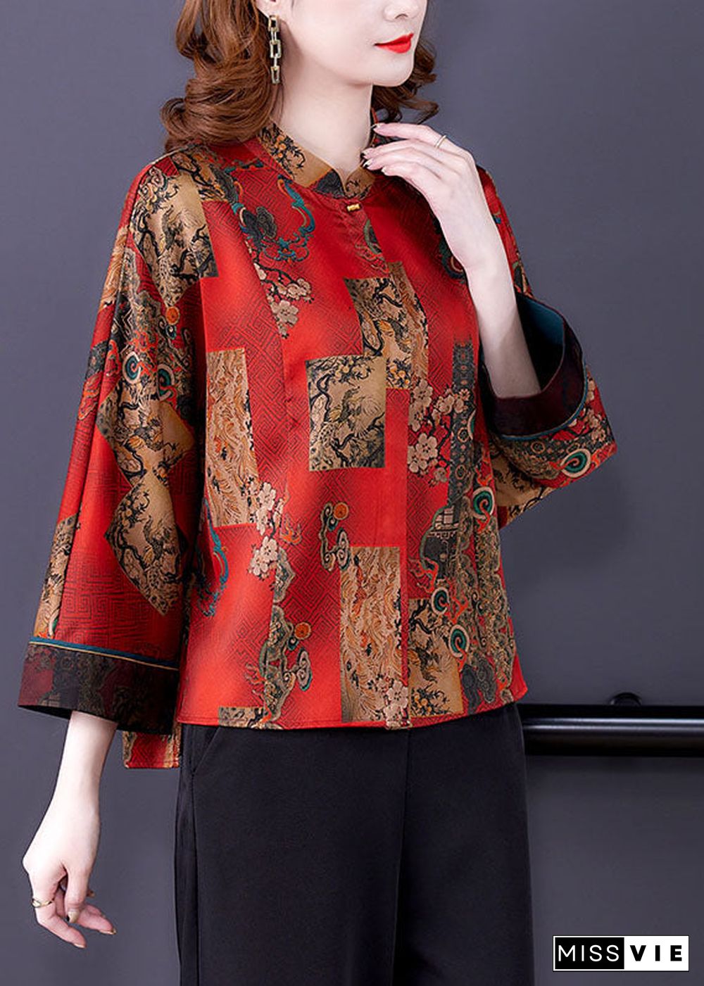 Handmade Red Original Design Mandarin Collar Print Silk Blouses Long Sleeve