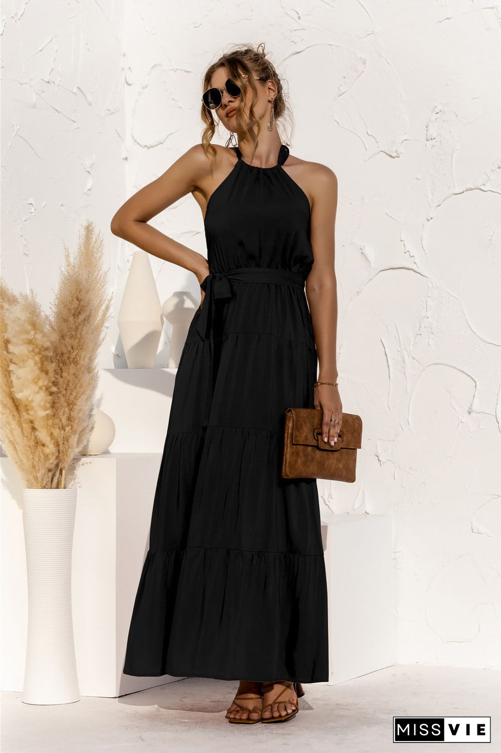 Tie Waist Round-Neck Spaghetti Strap Backless Maxi Dress