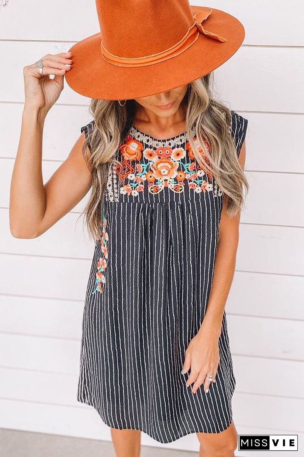 Blue Embroidered Striped Print Sleeveless Mini Dress