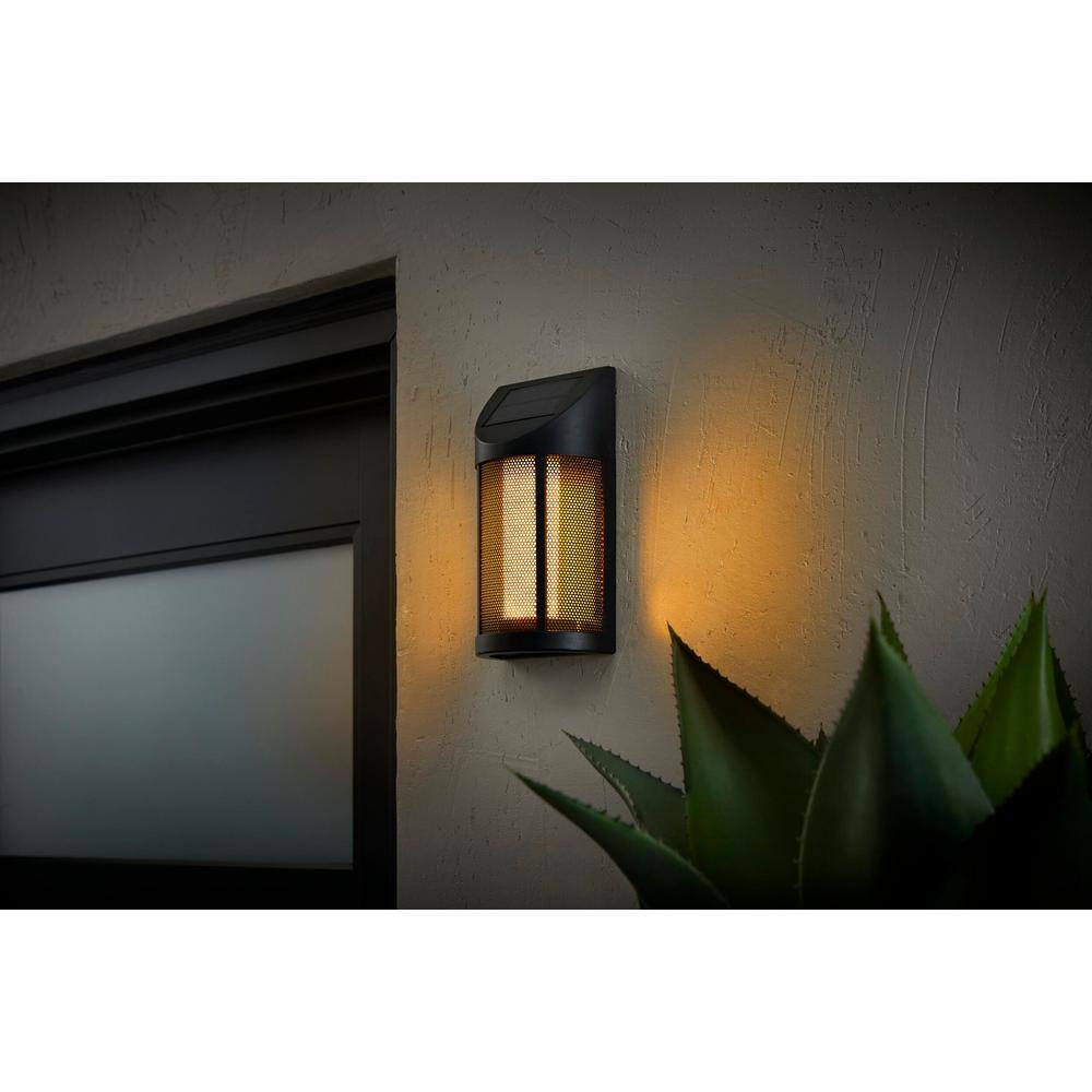 Hampton Bay Ambrose Solar 6 Lumens Matte Black Integrated LED Wall Lantern Sconce with Flicker Flame Effect Weather Resistant 93910