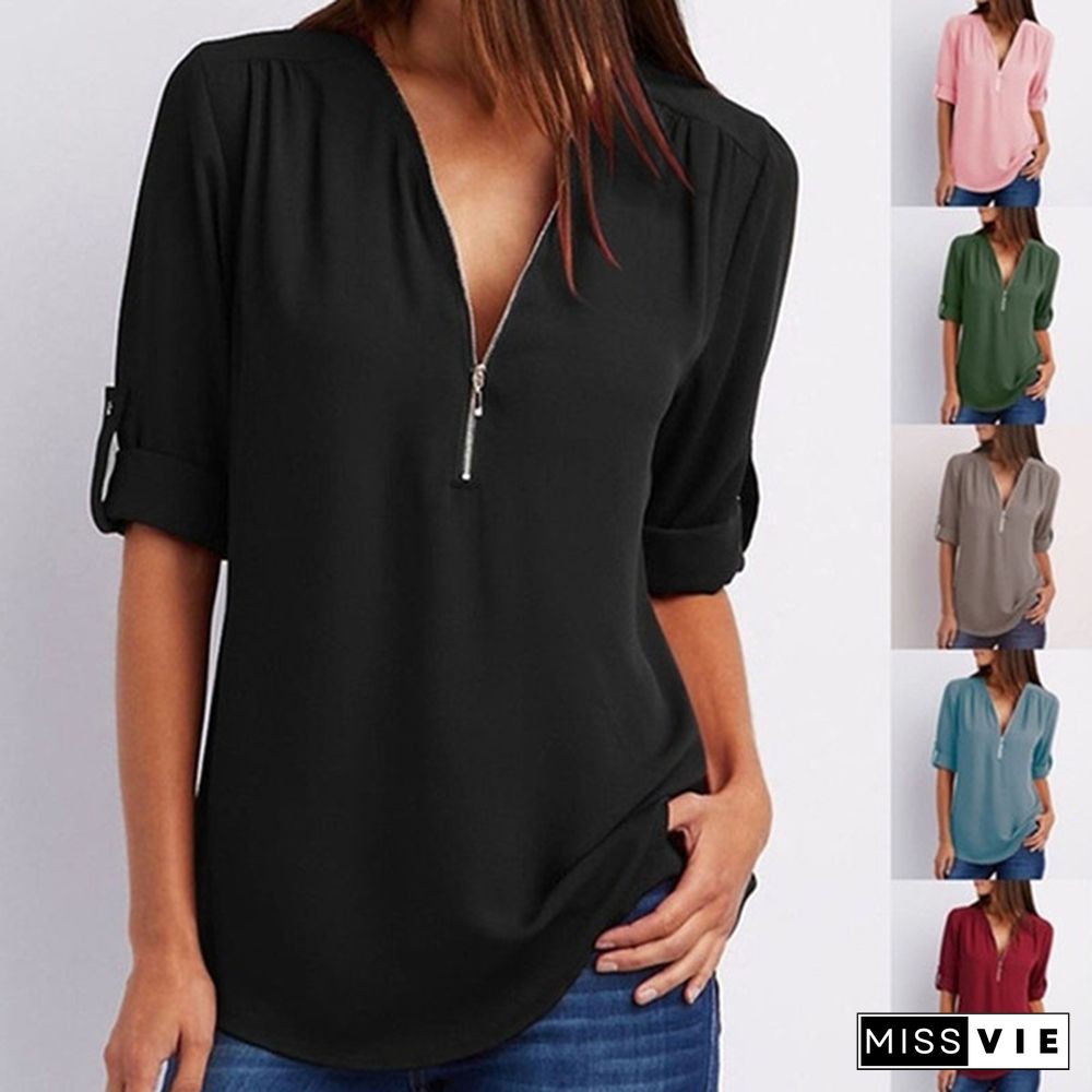 Plus Size Women's Fashion Chiffon Shirt V-neck Long Sleeve Loose Tops Zipper T-Shirt( S-4XL)