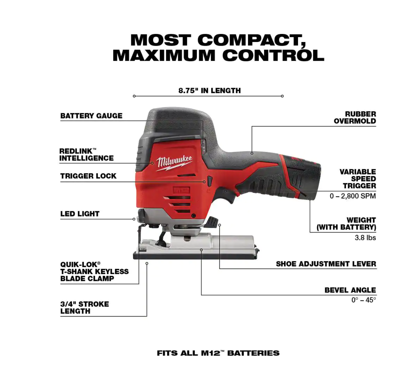 Milwaukee 2445-20-2441-20-48-11-2460 M12 12V Lithium-Ion Cordless Jig Saw with M12 10 oz. Caulk and Adhesive Gun and 6.0 Ah XC Battery Pack