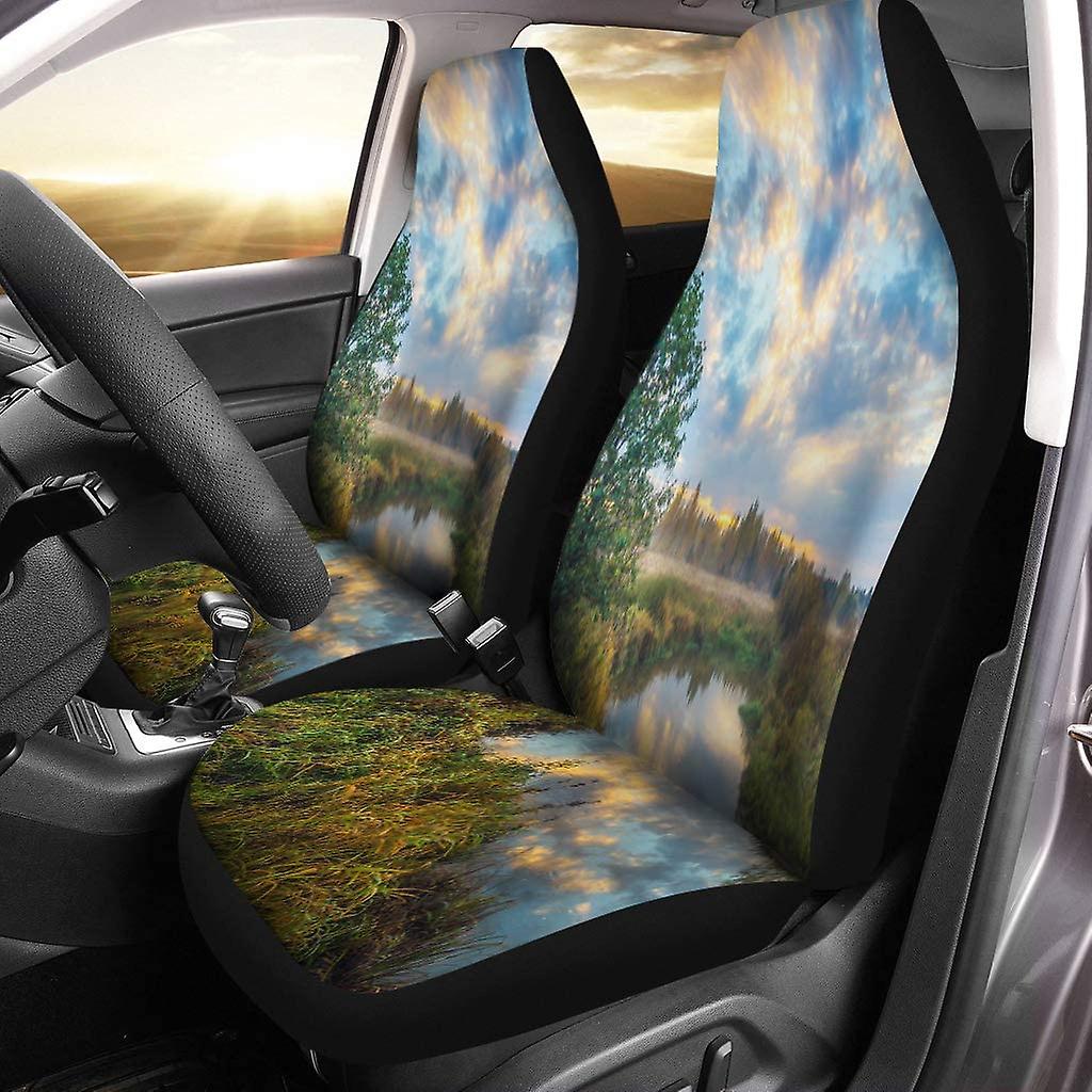 Set Of 2 Car Seat Covers Green Cloudy Sunset Rural River Landscape Sky Clouds Dark Universal Auto Front Seats Protector Fits