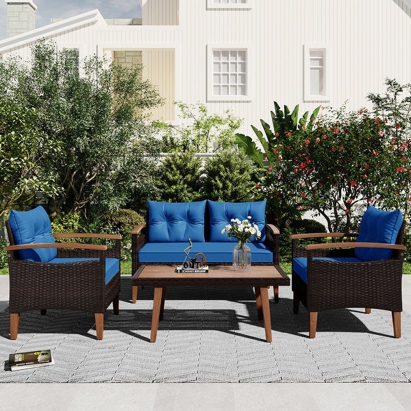 4-Piece Garden Furniture， Patio Conversation Sets， PE Rattan Outdoor Sofa Seating Set with Wood Table and Adjustable Legs Design - Overstock - 37853223