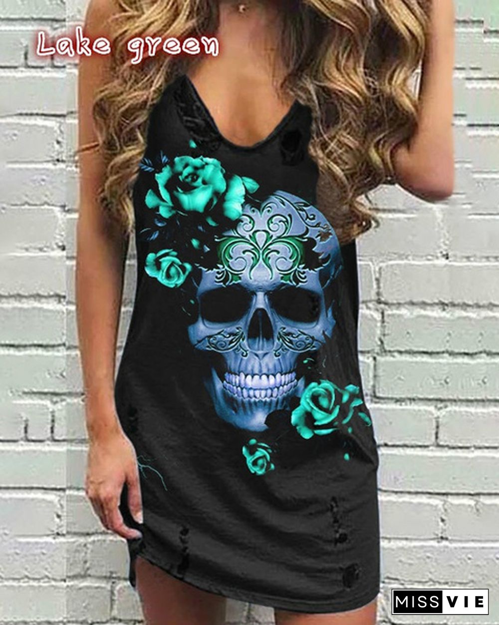 Women's tank Dress Sleeveless Summer Fashion Skull and Rose Print V-collar Casual Loose Dress Plus Size