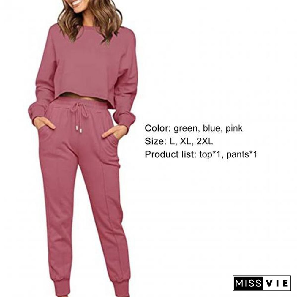 Useful Tracksuits Solid Color Quick Drying Two Piece Outfit Long Sleeve Crewneck With Pants