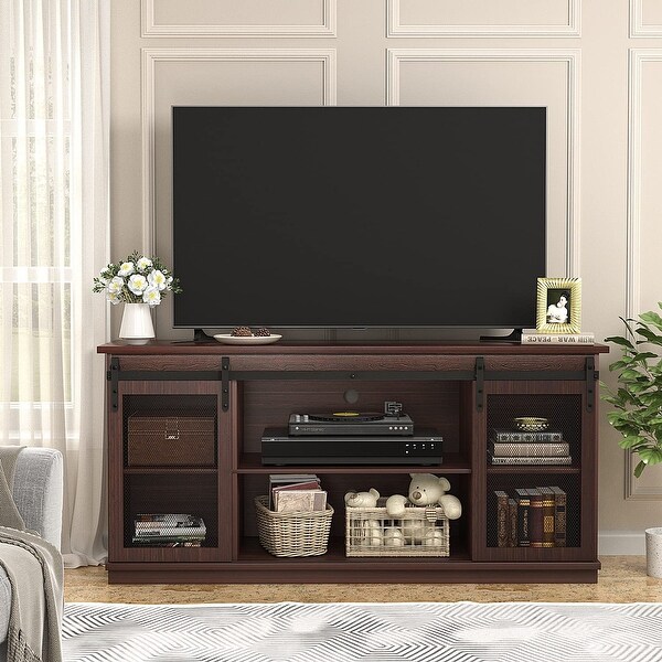 Farmhouse TV Stand up to 65 Inches， Mid Century Modern Entertainment Center with Sliding Barn Doors and Storage Cabinets