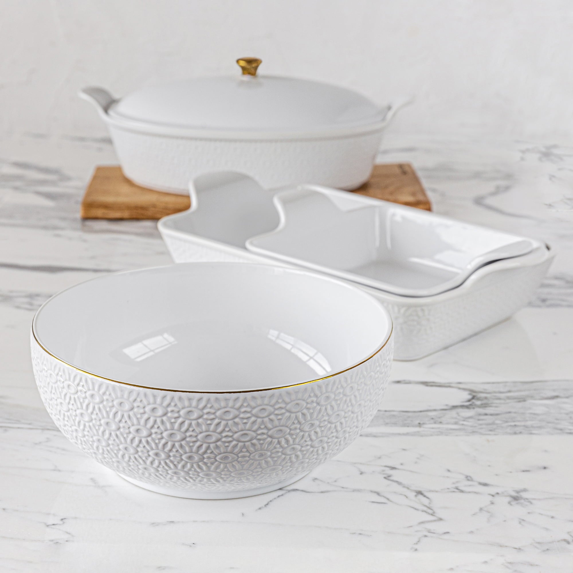 Sofia Home Embossed White Stoneware Serve Bowl by Sofia Vergara