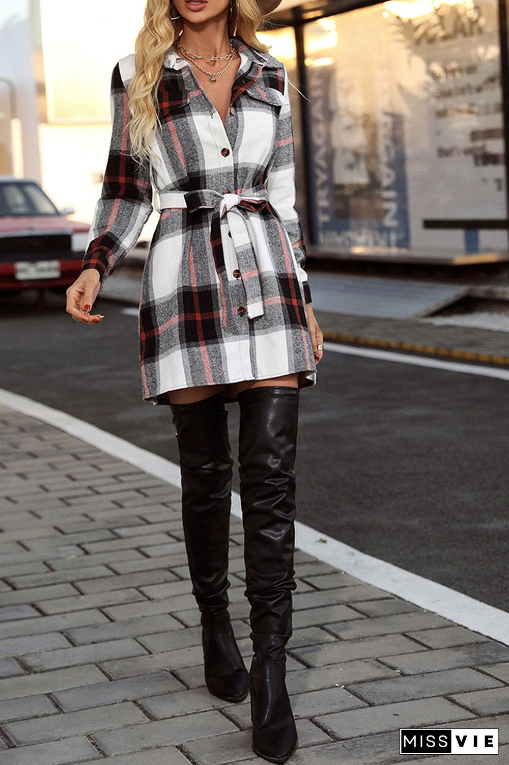 Open Button Plaid Long Jackets With Waist Belt Wholesale