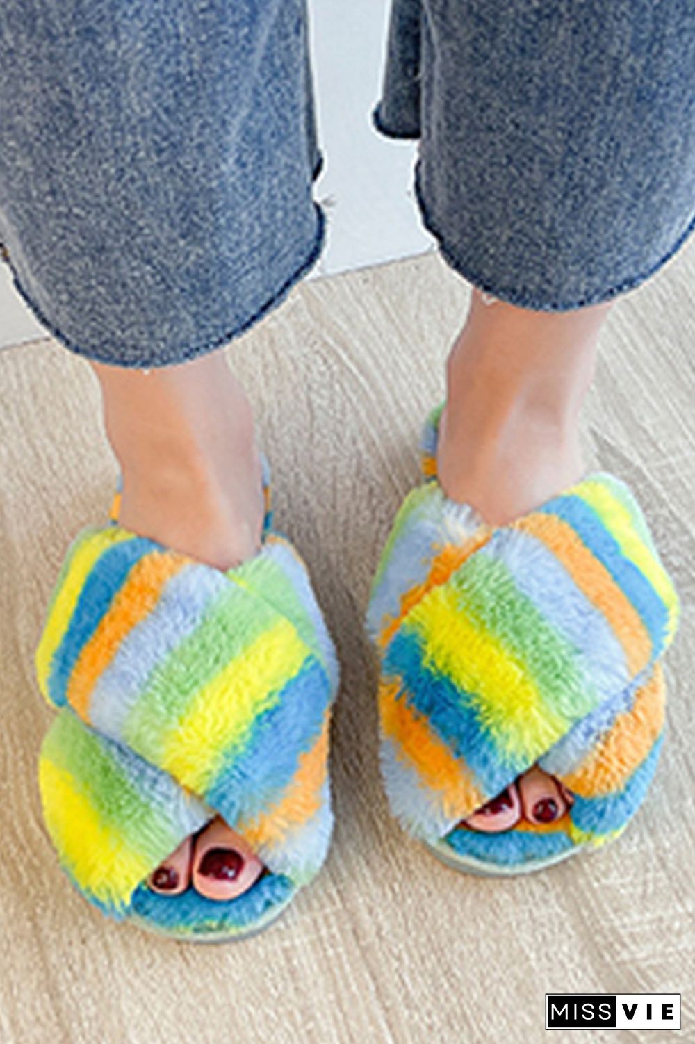 Multicolor Fluffy Criss-cross Home Slippers Wholesale