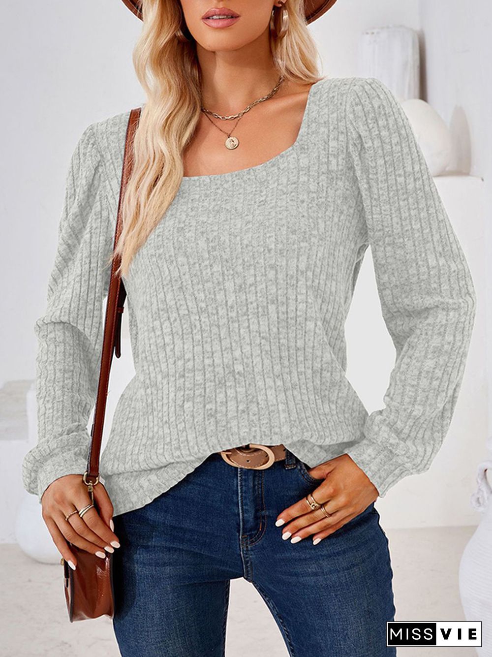 Long Sleeves Loose Solid Color Square-Neck T-Shirts Tops