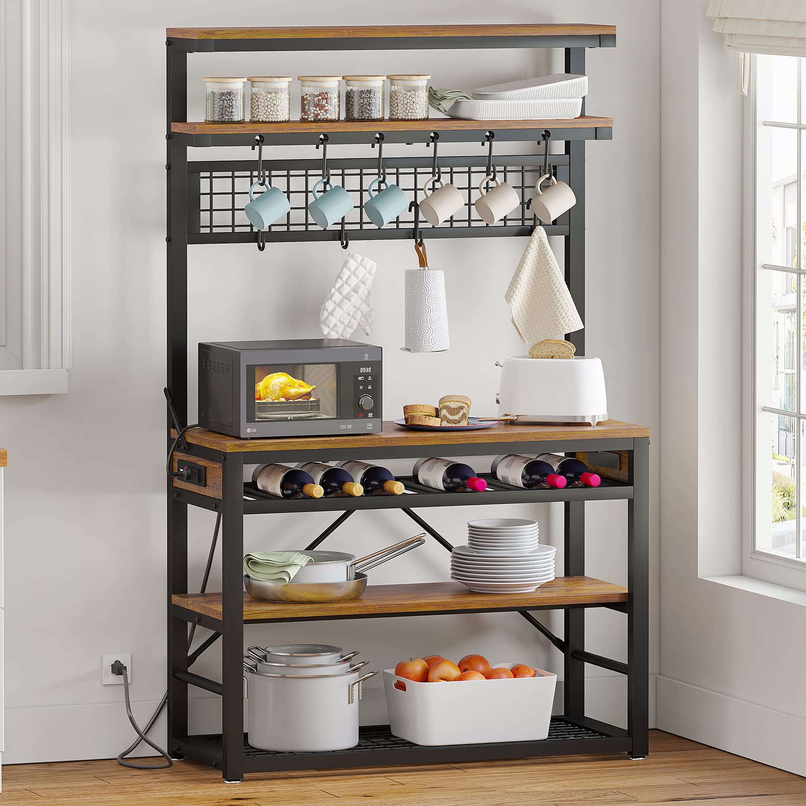 Bakers Rack with Power Outlet and Storage，6-Tier Microwave Stand with Wine Rack， LED Lights and 10 Hooks，for Kitchens，Rustic Brown