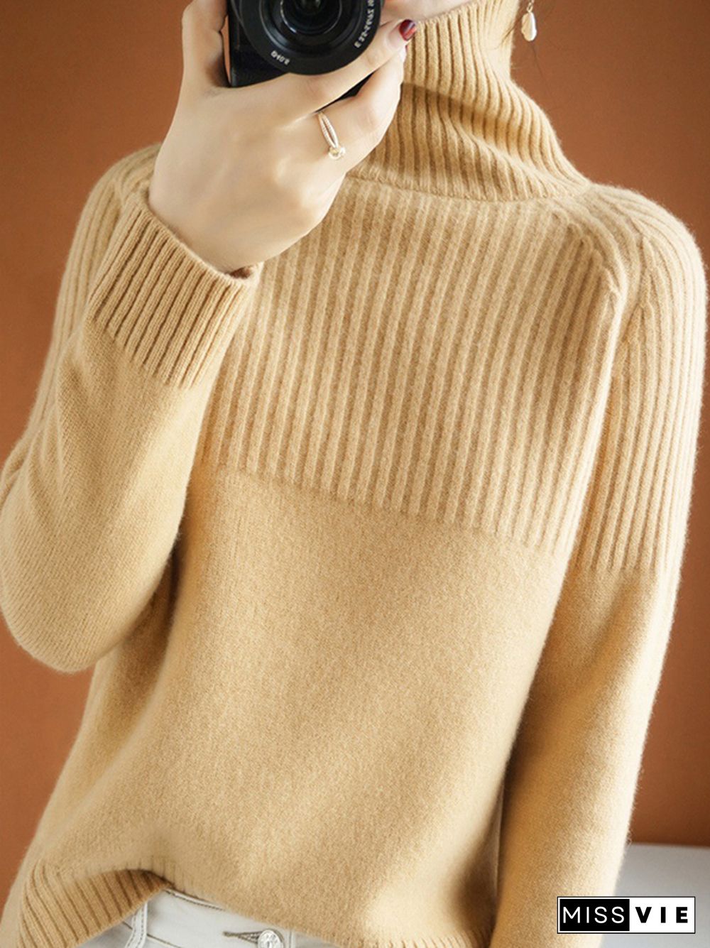 Casual Long Sleeves Loose Solid Color High-Neck Sweater Tops