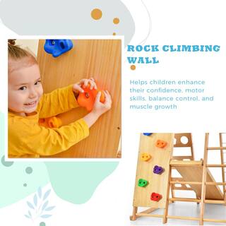 TIRAMISUBEST 8-in-1 Natural Indoor Kids Playset with Slide Climber Monkey Bars and Swing WFXY297448AAK