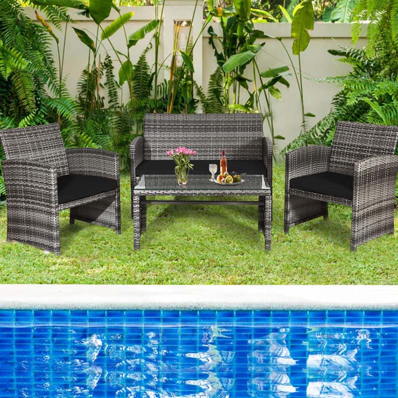 4 Pcs Rattan Wicker Patio Furniture Sets, Outdoor Conversation Sets with Loveseat, Table, Single Sofas