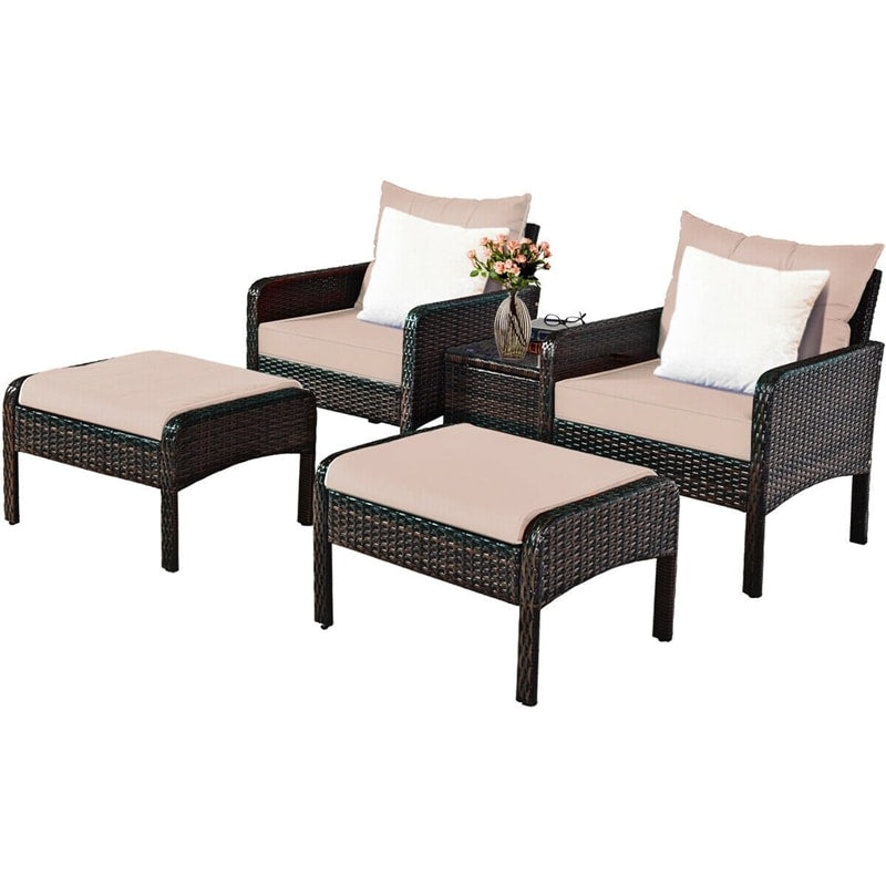 5 Pcs Rattan Patio Conversation Sets with Ottomans & Coffee Table, Wicker Outdoor Bistro Set