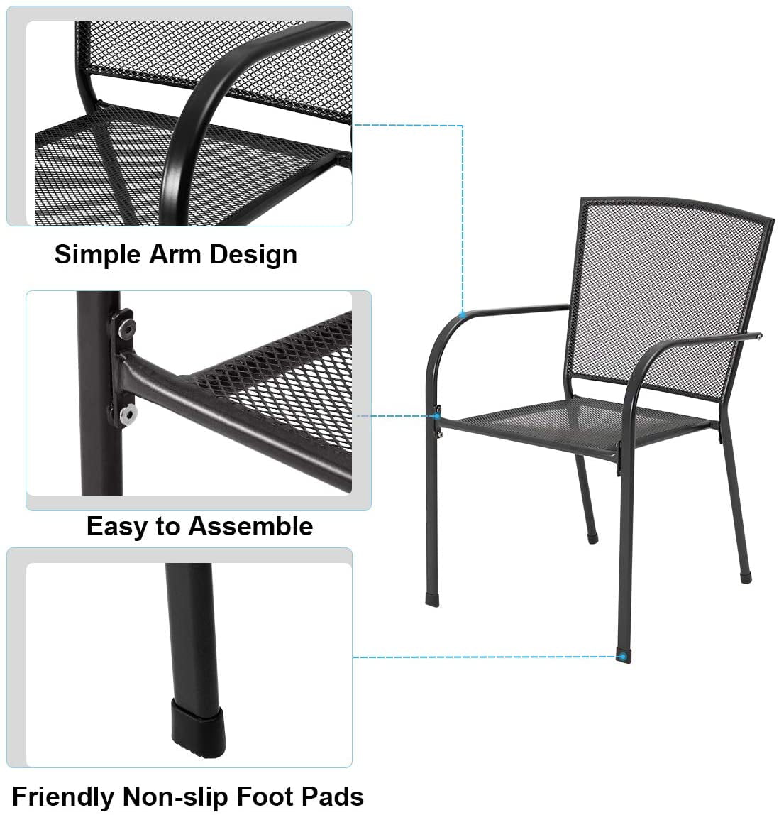 YODOLLA 5-Piece Patio Metal Dining Set， Outdoor Metal Dining Table Set with Round Table 1.73” Umbrella Hole and 4 Stackable Arm Chairs， Patio Dining Bistro Set for Garden，Bistro，Deck，Dark Gray