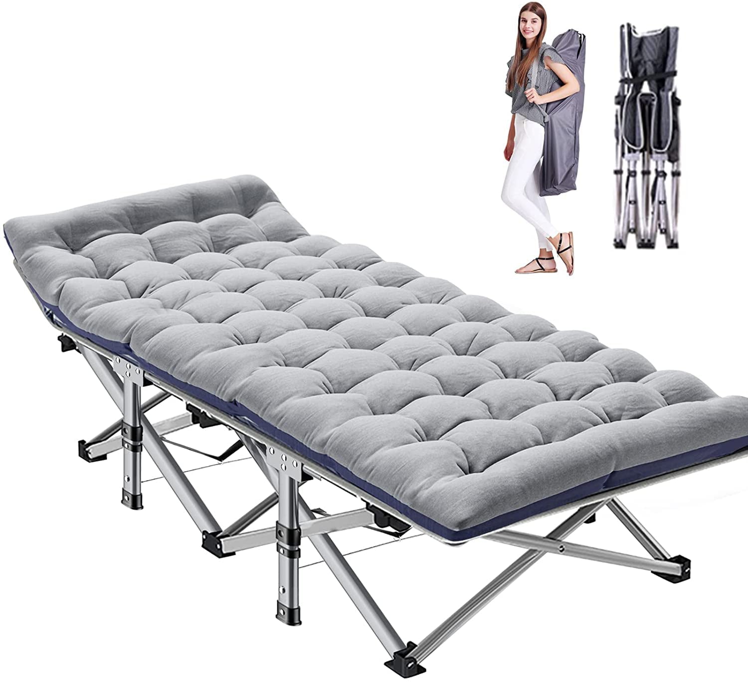 Slsy Camping Cot with 2 Sided Pad, Cots for Sleeping, Tent Bed Folding Cot 800LBS Comfortable Heavy Duty Adult & Kids Travel Cot with Carry Bag