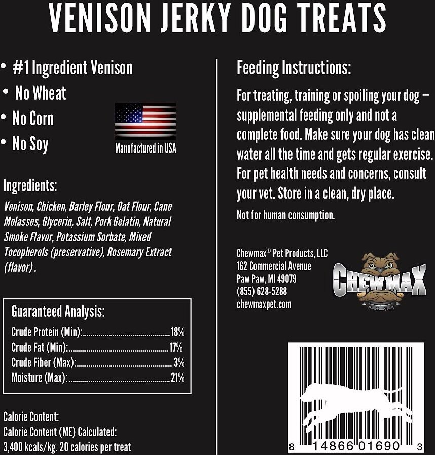 ChewMax Pet Products Venison Jerky Natural Chew Dog Treats， 5-oz bag