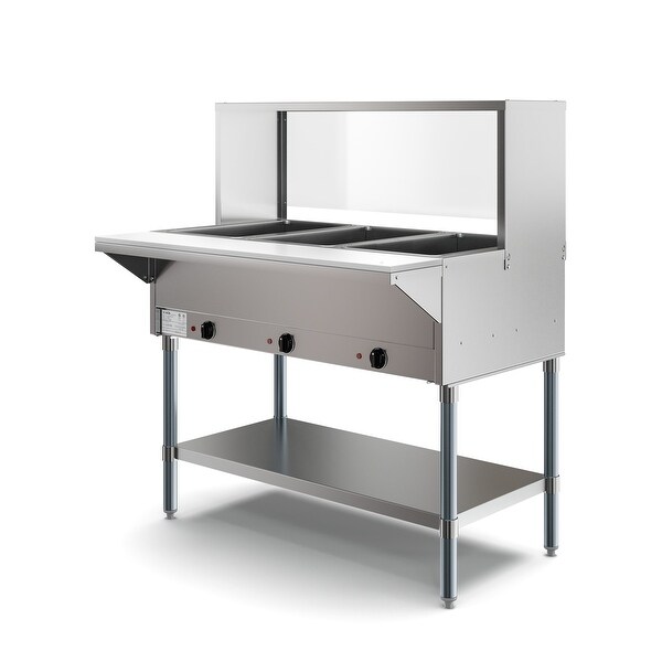 3-Pan Open Well Commercial Electric Stainless Steel Steam Table with Sneeze Guard， Warming Control Knobs， Front Serving Area