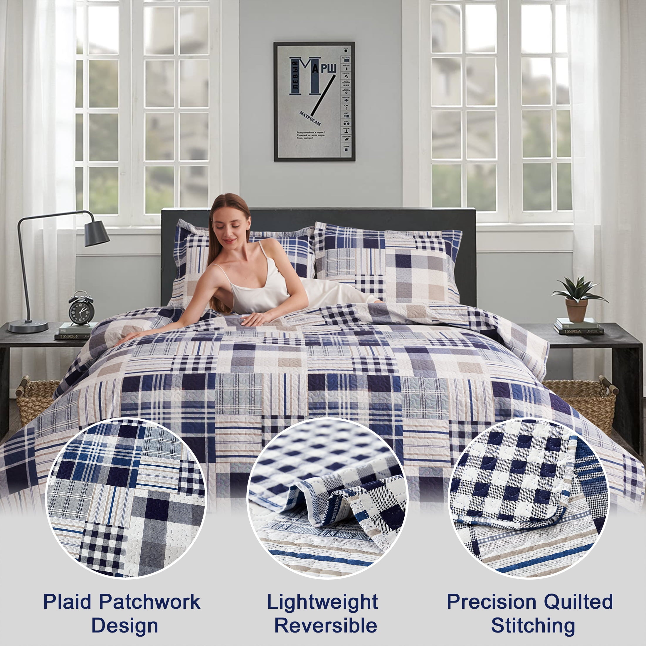 Jessy Home Queen/Full Size Plaid Bedspread Coverlet Buffalo Plaid Patchwork Quilt Navy Blue Bedding