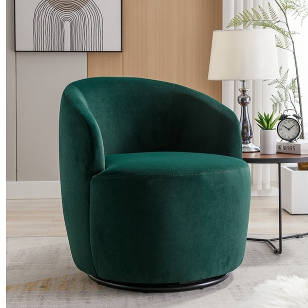 Velvet Fabric Swivel Accent Armchair Barrel Chair With Black Powder Coating Metal Ring