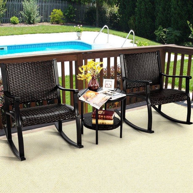 Tangkula 3 piece Wicker Rocking Bistro Set Outdoor Conversation Set With Coffee Table