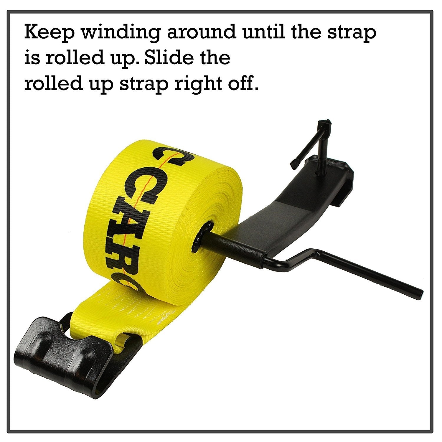 Cargo TieDown Strap Winder, Powder Coated Black. Flatbed Trailer Winch Strap Rollup. For Straps up to 4" wide. Also used in Trucks, Warehouse, Dock, Vans.