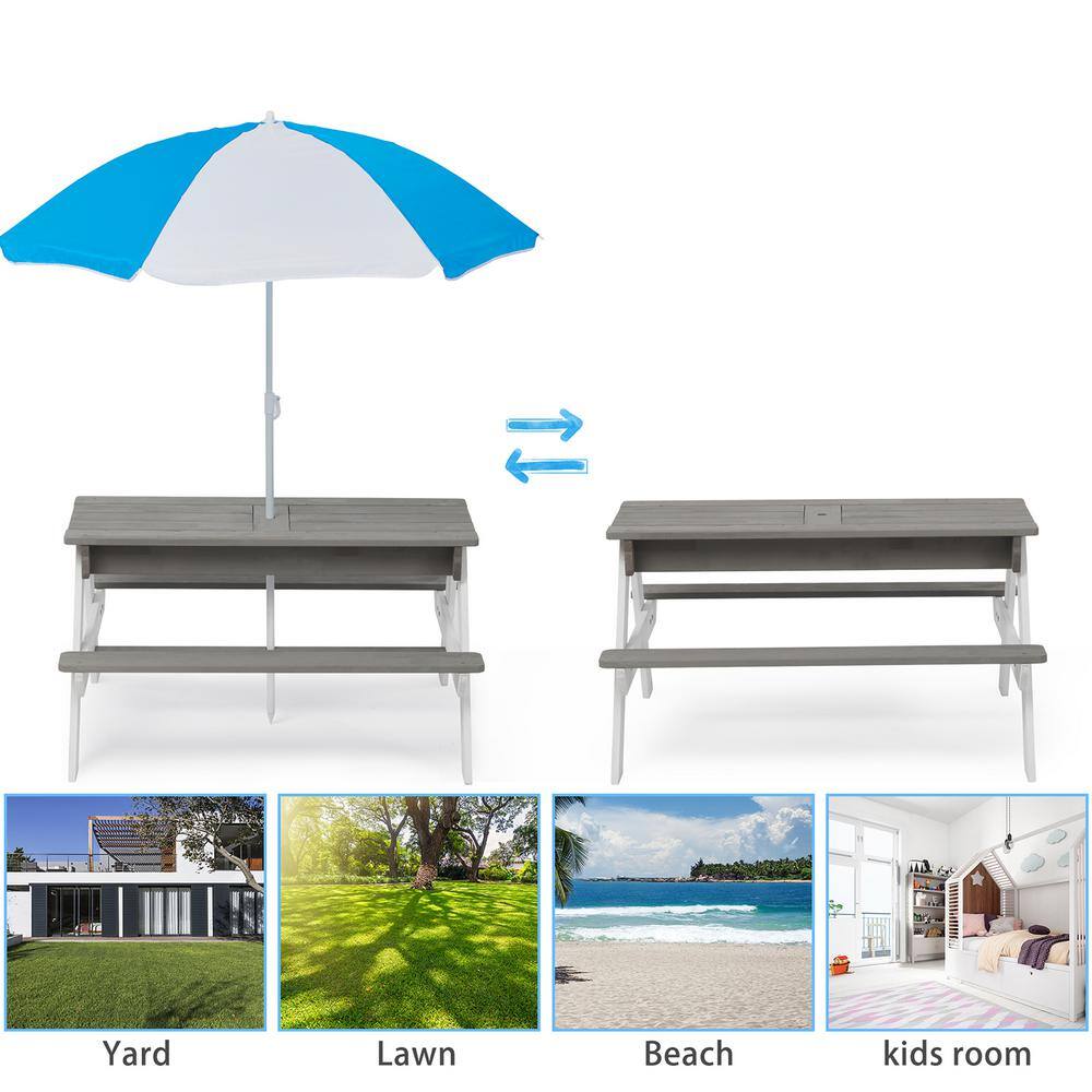 Siavonce Gray Solid Wood 3-In-1 Kids Outdoor Picnic Tables with Umbrella Convertible Sand and Water DJ-ZX-D46981251