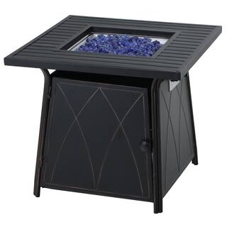 PHI VILLA 28.3 in. x 24.8 in. 50000 BTU Square Metal Gas Fire Pit Table with Lid and Blue Fire Glass THD-E02GS001