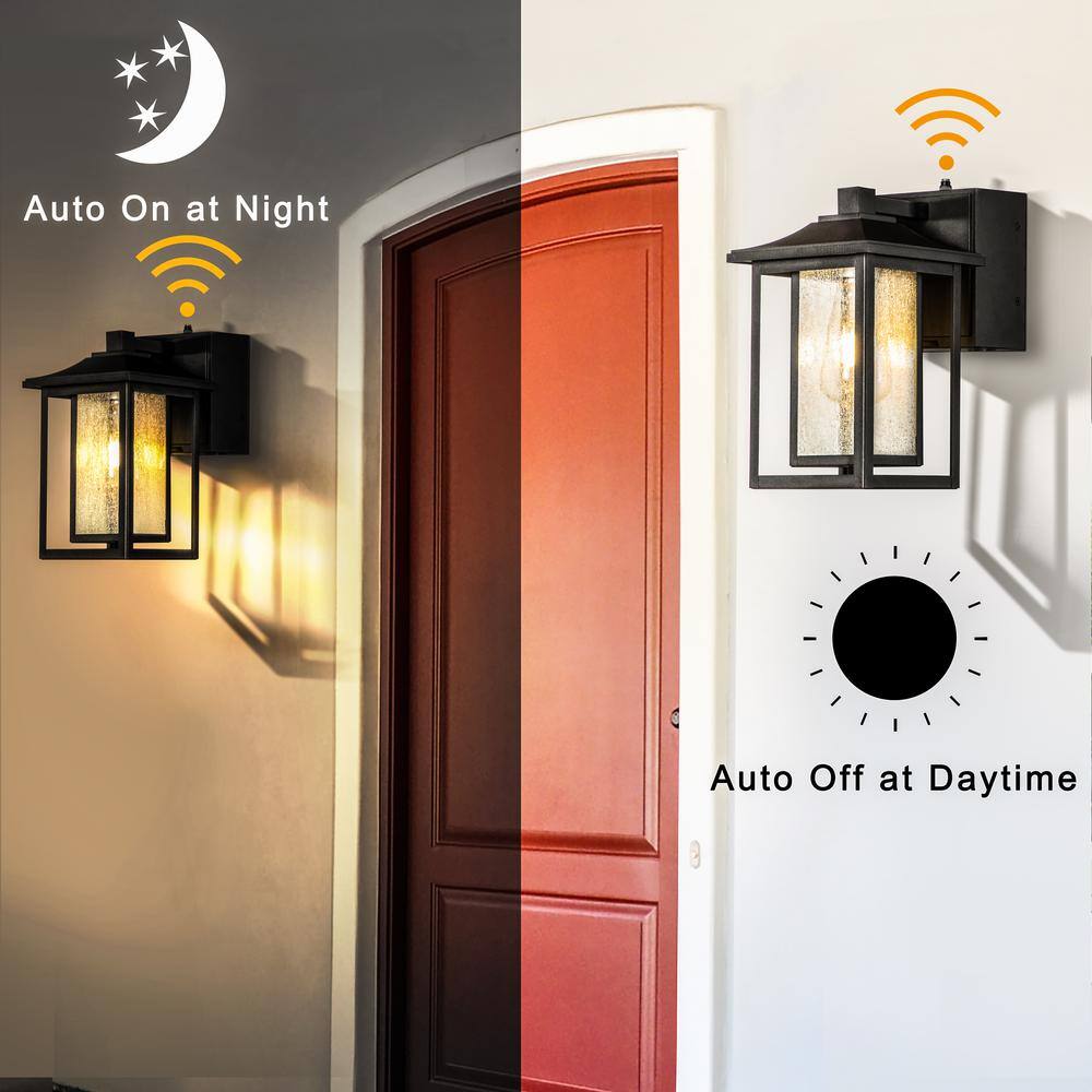 ALOA DECOR 1 Light Matte Black Dusk to Dawn Sensor Outdoor Wall Lantern Sconces with Seeded Glass and Built-in GFCI Outlets H7087W06A