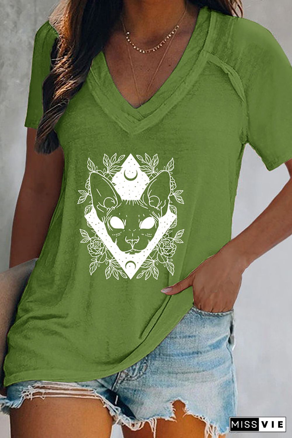 Mystic Sphynx V Neck Graphic Tee