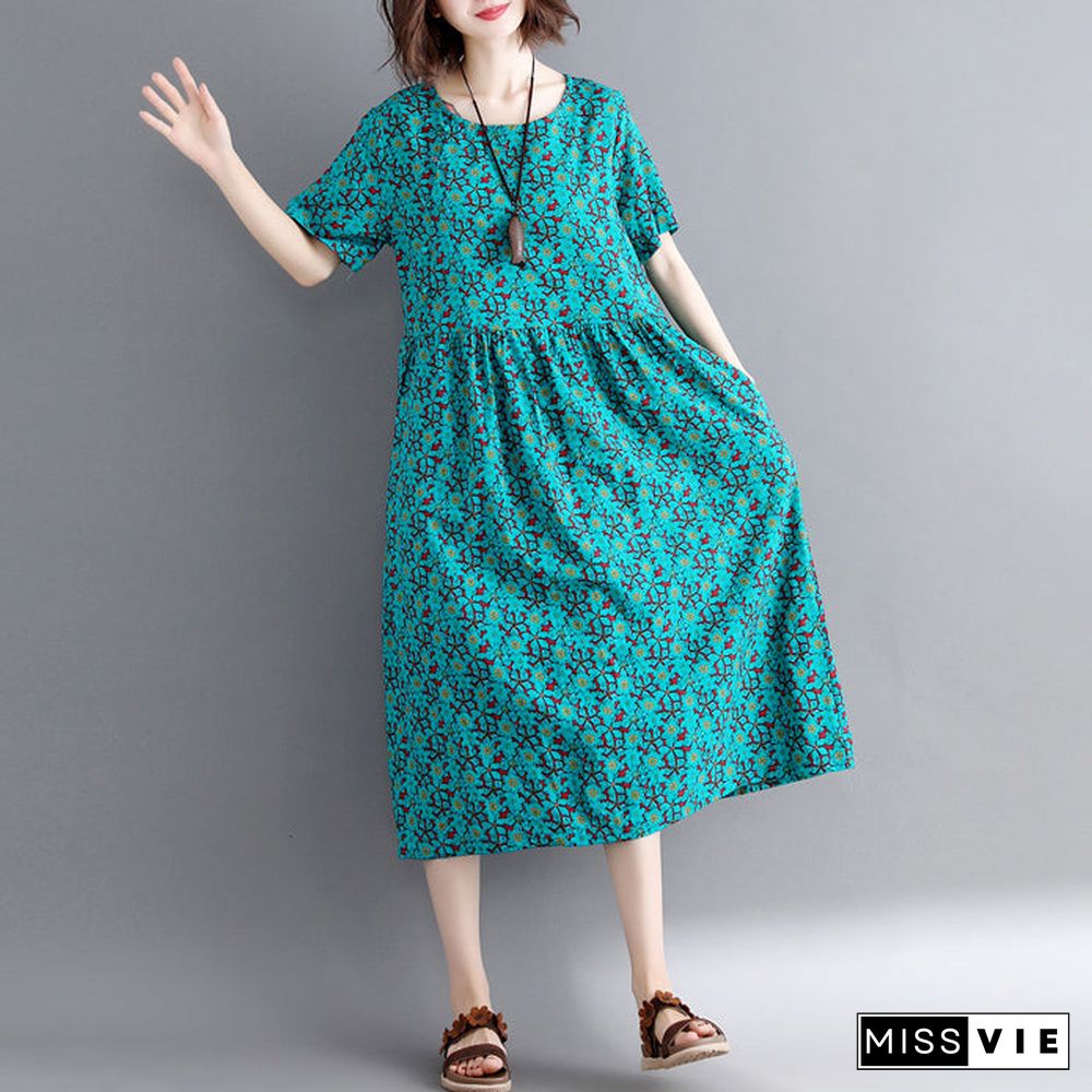 Elegant green print cotton linen maxi dress trendy plus size short sleeve long dresses New o neck clothing dresses