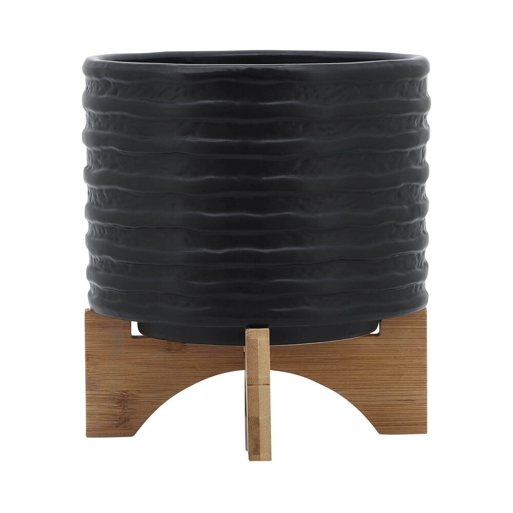 Black Ceramic Handmade Planter with Bamboo Wood Stand   8.0\