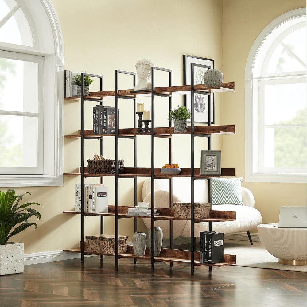 Tatahance Industrial Style 70.9 in. Wide Brown Finish 5 Shelf Open Bookcase with Black Metal Frame WF286176AAT-Z