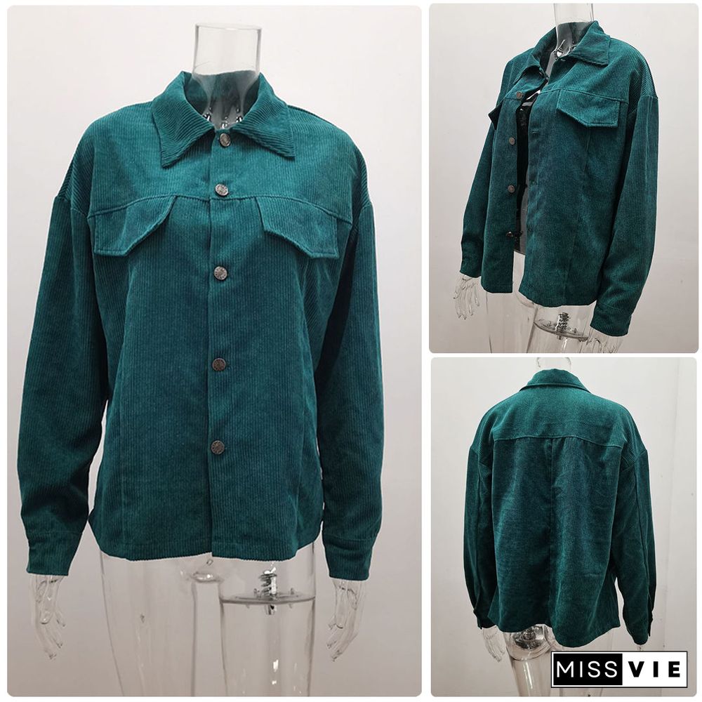 Long Sleeves Button Down Collar Corduroy Jacket Shirt For Women