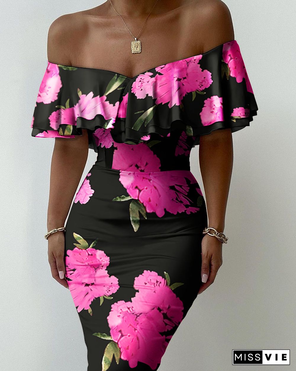 Floral Print Off Shoulder Ruffles Skinny Dress