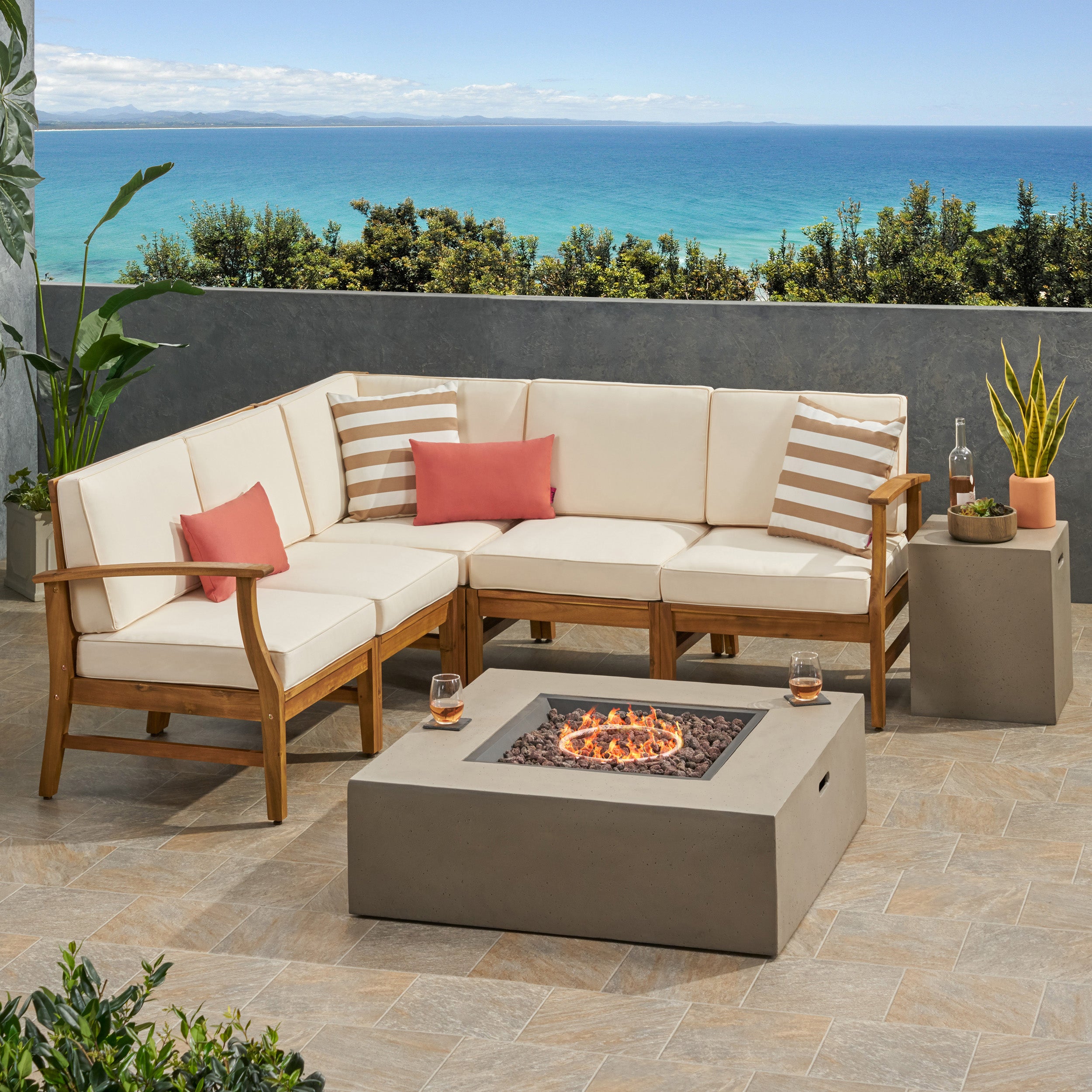 Nyeemah Outdoor 5 Seater V-Shaped Acacia Wood Sofa Set with Square Fire Table and Tank