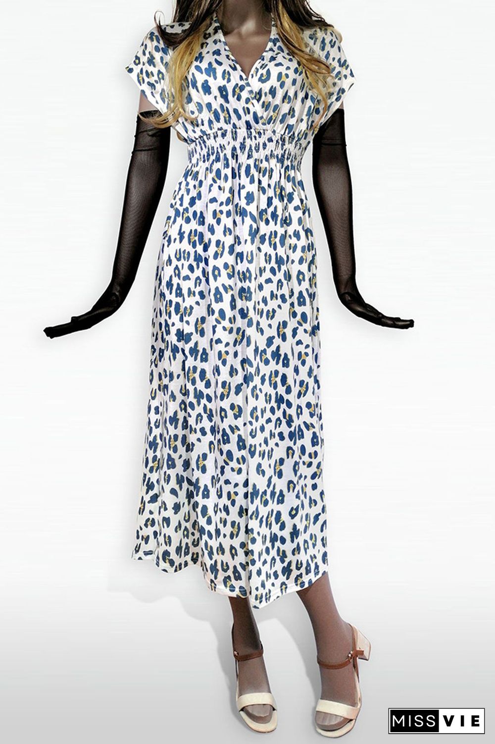 Printed V Neck Smocked Waist Maxi Dress